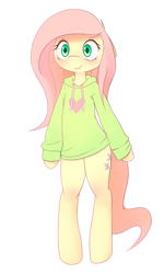 Size: 1200x2000 | Tagged: safe, artist:hoodie, fluttershy, pegasus, pony, semi-anthro, bipedal, clothes, floppy ears, hoodie, simple background, solo, white background