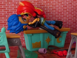 Size: 1400x1050 | Tagged: safe, artist:whatthehell!?, flash sentry, sunset shimmer, equestria girls, apple, boots, chair, classroom, clothes, desk, doll, equestria girls minis, female, flashimmer, food, guitar, irl, jacket, kissing, male, pair, pants, photo, school, shipping, shoes, straight, toy, tuxedo