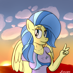 Size: 1024x1024 | Tagged: safe, artist:xwoofyhoundx, sunshower, anthro, pegasus, breasts, cleavage, clothes, cloud, female, hand, lens flare, mare, peace sign, shirt, smiling, solo, sun, sunset