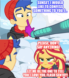 Size: 1144x1300 | Tagged: safe, artist:3d4d, edit, edited screencap, screencap, flash sentry, sunset shimmer, better together, equestria girls, holidays unwrapped, confession, female, flashimmer, love, male, shipping, straight