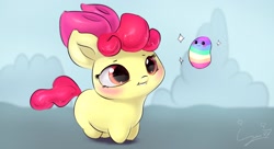 Size: 2835x1537 | Tagged: safe, artist:sverre93, apple bloom, earth pony, pony, :3, :t, adorabloom, blush sticker, blushing, bow, chibi, cute, female, filly, grin, hair bow, looking at each other, smiling, solo, sparkles, sverre is trying to murder us, wubbins