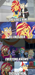 Size: 766x1626 | Tagged: safe, edit, edited screencap, screencap, applejack, bulk biceps, flash sentry, lyra heartstrings, rainbow dash, sci-twi, snips, sunset shimmer, trixie, twilight sparkle, cheer you on, eqg summertime shorts, equestria girls, equestria girls series, good vibes, holidays unwrapped, spring breakdown, spoiler:eqg series (season 2), all good (song), caption, female, flashimmer, geode of super speed, geode of super strength, geode of telekinesis, image macro, magical geodes, male, offscreen character, shipping, straight, text