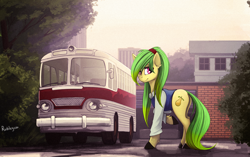 Size: 2000x1253 | Tagged: safe, artist:rublegun, oc, oc only, oc:duchess, pony, bus, city, clothes, outdoors, solo, street