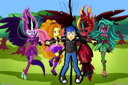 Size: 6000x4000 | Tagged: safe, artist:dieart77, adagio dazzle, flash sentry, gaea everfree, gloriosa daisy, midnight sparkle, sci-twi, sunset satan, sunset shimmer, twilight sparkle, demon, better together, equestria girls, friendship games, legend of everfree, rainbow rocks, sunset's backstage pass!, bedroom eyes, boots, clothes, commission, converse, dark aura, dark magic, daytime, demonic eyes, disguise, disguised siren, energy, evil grin, eye, eyes, eyes on the prize, female, fin wings, flash sentry gets all the waifus, flashagio, flashimmer, flashlight, floating, flower, flying, forest, grabbing, grass, grin, group, harem, holding, hoodie, jacket, lidded eyes, lucky bastard, magic, male, midnight-ified, pants, pulling, sciflash, sciflashshimmer, sentryosa, shadow, shipping, shocked expression, shoes, sky, smiling, smirk, sneakers, straight, surprised, surrounded, this will end in snu snu, touch, touching arm, transformation, tree, uh oh, wide eyes, wings, xk-class end-of-the-world scenario