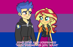 Size: 1269x824 | Tagged: safe, artist:chuyryu, flash sentry, sunset shimmer, equestria girls, equestria girls series, bisexual, bisexual pride flag, female, flashimmer, geode of empathy, magical geodes, male, pride, shipping, straight