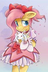 Size: 3750x5625 | Tagged: safe, artist:ardail, fluttershy, anthro, incubator (species), absurd resolution, anime, blushing, clothes, colored pupils, cosplay, costume, crossover, cute, emiri katou, kyubey, madoka kaname, puella magi madoka magica, shyabetes, solo, voice actor joke