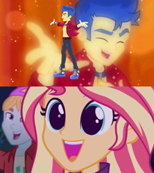 Size: 800x900 | Tagged: safe, edit, edited screencap, screencap, flash sentry, sunset shimmer, better together, cheer you on, equestria girls, sunset's backstage pass!, armband, backstage pass, beautiful, blue sneakers, close-up, clothes, converse, cute, diasentres, excited, eye reflection, eyes closed, female, flashimmer, fry lilac, happy, jewelry, male, necklace, open clothes, open shirt, reflection, shimmerbetes, shipping, shoes, singing, smiling, sneakers, sparkly back, straight, template, wide eyes