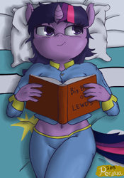 Size: 840x1200 | Tagged: safe, artist:perinia, twilight sparkle, anthro, bed, belly button, book, clothes, lewd, midriff, on back, pajamas, pillow, smirk, solo