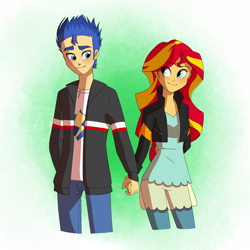 Size: 3088x3088 | Tagged: safe, artist:ksl100, flash sentry, sunset shimmer, equestria girls, cute, eye clipping through hair, female, flashimmer, holding hands, looking at each other, male, shipping, straight