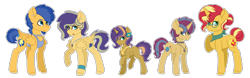 Size: 2440x758 | Tagged: safe, artist:king-justin, flash sentry, sunset shimmer, oc, oc:lavender dawn, oc:saturn bliss, oc:ying yang, pony, unicorn, alternate hairstyle, choker, colt, ear piercing, family, female, filly, flashimmer, flower, flower in hair, freckles, glasses, jewelry, male, necklace, offspring, parent:flash sentry, parent:sunset shimmer, parents:flashimmer, piercing, shipping, straight, tongue out, tongue piercing