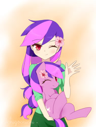 Size: 771x1018 | Tagged: safe, artist:ichigochichi, oc, oc only, oc:moonlight blossom, human, pony, holding, holding a pony, human ponidox, humanized