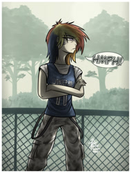 Size: 1024x1350 | Tagged: dead source, safe, artist:slawomiro, rainbow dash, human, clothes, crossed arms, crossover, fence, humanized, jersey, killing floor, pants, signature, solo, speech bubble, sports