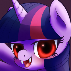 Size: 2000x2000 | Tagged: safe, artist:talim_stuff, twilight sparkle, twilight sparkle (alicorn), alicorn, pony, undead, vampire, vampony, female, halloween, mare, red eyes, solo, twibat