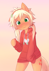 Size: 1200x1750 | Tagged: safe, artist:hoodie, applejack, earth pony, pony, semi-anthro, alternate hairstyle, bipedal, blushing, clothes, cute, gradient background, hairband, hoodie, jackabetes, pigtails, solo, twintails