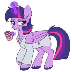 Size: 550x550 | Tagged: safe, artist:lulubell, twilight sparkle, twilight sparkle (alicorn), alicorn, pony, clothes, coffee, female, food, grumpy twilight, mare, messy mane, morning ponies, robe, simple background, solo, transparent background, twilight is not amused, unamused