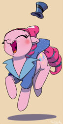 Size: 650x1270 | Tagged: safe, artist:foudubulbe, pinkie pie, earth pony, pony, comic:damp rocks, adorable face, alternate hairstyle, blushing, brown background, clothes, cute, daaaaaaaaaaaw, diapinkes, eyes closed, female, floating hat, floppy ears, happy, hat, jumping, mare, open mouth, simple background, smiling, solo, tan background, top hat