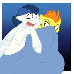 Size: 1280x1280 | Tagged: safe, artist:foxenawolf, blaze, high winds, pegasus, pony, fanfic:piercing the heavens, blanket, commission, fanfic art, non-consensual cuddling, unshorn fetlocks, wonderbolts