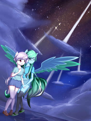 Size: 3000x4000 | Tagged: safe, artist:scynexx, oc, oc only, oc:amaranthine sky, oc:reverie, anthro, pegasus, unicorn, clothes, cloud, colored wings, colored wingtips, cute, female, lesbian, midriff, night, night sky, open mouth, scenery, skirt, sky, smiling, socks, stars, thigh highs