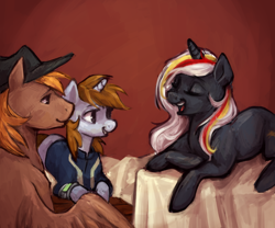 Size: 1024x854 | Tagged: safe, artist:johling, oc, oc only, oc:calamity, oc:littlepip, oc:velvet remedy, pegasus, pony, unicorn, fallout equestria, bed, clothes, fanfic, fanfic art, female, hat, male, mare, pipbuck, prone, stallion, vault suit