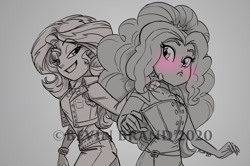 Size: 1280x848 | Tagged: safe, artist:bevin brand, adagio dazzle, sunset shimmer, equestria girls, blushing, commission, female, grayscale, lesbian, monochrome, official fan art, shipping, sunsagio, touching face