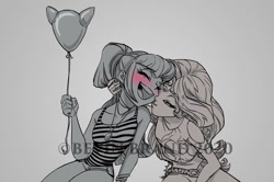 Size: 1280x848 | Tagged: safe, artist:bevin brand, sonata dusk, sunset shimmer, equestria girls, balloon, blushing, clothes, commission, female, grayscale, kiss on the cheek, kissing, lesbian, monochrome, obtrusive watermark, official fan art, shipping, sleeveless, sunata, tanktop, watermark