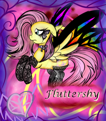 Size: 1024x1170 | Tagged: safe, artist:animechristy, fluttershy, butterfly, pegasus, pony, choker, clothes, scene kid, socks, solo, stockings, tattoo