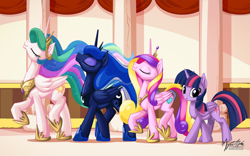 Size: 2560x1600 | Tagged: safe, artist:mysticalpha, princess cadance, princess celestia, princess luna, twilight sparkle, twilight sparkle (alicorn), alicorn, pony, alicorn tetrarchy, eyes closed, female, majestic, majestic as fuck, mare, nose in the air, one of these things is not like the others, raised hoof, smiling, strutting