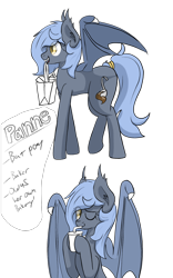 Size: 1024x1640 | Tagged: safe, artist:codras, oc, oc only, oc:panne, bat pony, pony, drink, female, mare, mouth hold, simple background, solo, transparent background