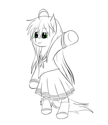 Size: 2194x2550 | Tagged: safe, artist:wapamario63, earth pony, pony, :3, bipedal, clothes, cute, female, izumi konata, lineart, lucky star, mare, ponified, sailor uniform, school uniform, skirt, solo, uniform