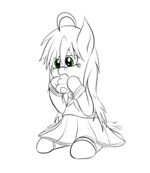 Size: 2924x3386 | Tagged: safe, artist:wapamario63, earth pony, pony, chornette, clothes, cute, eating, female, food, izumi konata, lineart, lucky star, mare, ponified, request, school uniform, sitting, skirt, solo