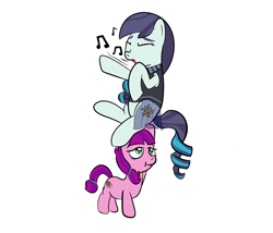 Size: 1168x1000 | Tagged: safe, artist:mightyshockwave, coloratura, lily longsocks, earth pony, pony, the mane attraction, :t, background pony, clothes, dress, eyes closed, female, filly, lifting, mare, music notes, open mouth, parody, rara, singing, smiling, strong