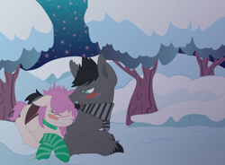 Size: 1600x1179 | Tagged: safe, artist:dr-whiskey, oc, oc only, oc:dante, oc:emile, bat pony, pony, blushing, clothes, cuddling, cute, dantemile, female, male, oc x oc, scar, scarf, shipping, snow, snowfall, snuggling, socks, straight, striped socks, tree