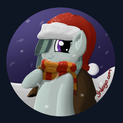 Size: 1000x1000 | Tagged: safe, artist:shikogo, marble pie, bag, clothes, cute, hat, hearth's warming eve, santa hat, scarf, snow, snowfall, solo