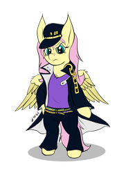 Size: 1511x2045 | Tagged: safe, artist:wapamario63, fluttershy, pegasus, pony, badass, bipedal, clothes, cosplay, costume, featured image, female, flutterbadass, jojo's bizarre adventure, jotaro kujo, mare, simple background, solo, transparent background, wings