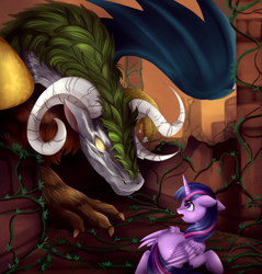 Size: 2975x3111 | Tagged: safe, artist:pridark, twilight sparkle, twilight sparkle (alicorn), oc, alicorn, draconequus, pony, commission, fanfic art, female, mare, ruins, scared, vine