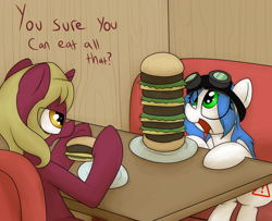 Size: 1600x1300 | Tagged: safe, artist:datte-before-dawn, oc, oc only, oc:flask, oc:mal, burger, food, goggles, hamburger, ponies eating meat, this will end in weight gain