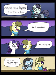 Size: 2480x3349 | Tagged: safe, artist:bobthedalek, coloratura, rarity, oc, oc:kettle master, oc:tilly towell, earth pony, pegasus, pony, unicorn, the mane attraction, black eye, clothes, comic, food, know the difference, newspaper, rara, rarara, scarf, tea, unamused