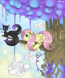 Size: 2500x3000 | Tagged: safe, artist:malamol, fluttershy, cat, pegasus, pony, detailed background, female, mare, pink mane, pink tail, signature, smiling, tongue out, wings, yellow coat