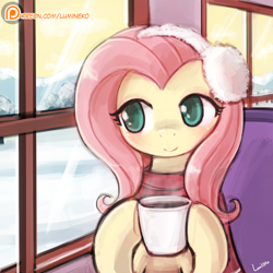 Size: 750x750 | Tagged: safe, artist:lumineko, fluttershy, pegasus, pony, clothes, coffee, coffee mug, cold, cup, cute, earmuffs, female, hot drink in cold weather, lumineko is trying to murder us, mare, patreon, patreon logo, scarf, shyabetes, smiling, snow, solo, window