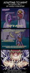 Size: 850x2020 | Tagged: safe, artist:terminuslucis, derpy hooves, octavia melody, earth pony, pegasus, pony, vampire, vampony, comic:adapting to night, comic:adapting to night: the hunted, armor, badass, badass boast, cloak, clothes, comic, cult, epic derpy, female, flying, hamon, landing, mare, octavia is not amused, unamused