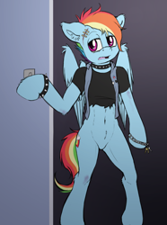 Size: 1300x1750 | Tagged: safe, artist:punk-pegasus, rainbow dash, anthro, unguligrade anthro, bottomless, bracelet, clothes, collar, doorway, keychain, light switch, open mouth, rocker, solo, spikes, wall