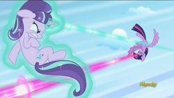 Size: 1920x1080 | Tagged: safe, screencap, starlight glimmer, twilight sparkle, twilight sparkle (alicorn), alicorn, pony, the cutie re-mark, discovery family logo, dodge, female, fight, laser, levitation, magic, magic blast, mare, power levels are bullshit, s5 starlight, self-levitation, telekinesis, upside down