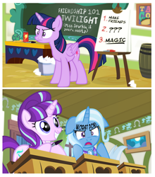 Size: 900x1021 | Tagged: safe, artist:pixelkitties, starlight glimmer, trixie, twilight sparkle, twilight sparkle (alicorn), alicorn, pony, chaurus, classroom, desk, egg, eye twitch, face doodle, female, food, frown, glare, grin, hilarious in hindsight, hoof hold, janet jackson, mare, marker, open mouth, sharpie, show accurate, smiling, south park, squee, step 4 profit, taco, that was fast, worst pony, writing
