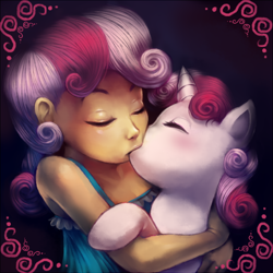 Size: 800x800 | Tagged: safe, artist:crookedtrees, artist:megasweet, sweetie belle, human, pony, unicorn, female, filly, human on pony action, human ponidox, humanized, humanized human on pony action, interspecies, kissing, lesbian, self ponidox, selfcest, shipping