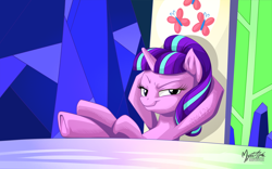 Size: 2560x1600 | Tagged: safe, artist:mysticalpha, starlight glimmer, pony, unicorn, the cutie re-mark, female, friendship throne, lidded eyes, looking at you, mare, s5 starlight, scene interpretation, signed, smirk, smug, smuglight glimmer, sneaky signature, solo, that was fast, welcome home twilight