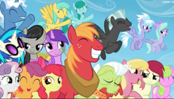 Size: 1877x1071 | Tagged: safe, screencap, apple bloom, big macintosh, cloudchaser, daisy, dj pon-3, flitter, flower wishes, granny smith, lily, lily valley, octavia melody, pokey pierce, roseluck, scootaloo, spring melody, sprinkle medley, sunshower raindrops, sweetie belle, vinyl scratch, earth pony, pegasus, pony, unicorn, the cutie re-mark, cute, cutie mark crusaders, eyes closed, female, flower trio, friends are always there for you, grin, happy, lidded eyes, male, mare, open mouth, ponies standing next to each other, smiling, stallion