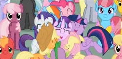 Size: 1024x498 | Tagged: safe, screencap, applejack, big macintosh, cheerilee, fluttershy, lily, lily valley, pinkie pie, rainbow dash, rarity, spike, starlight glimmer, twilight sparkle, twilight sparkle (alicorn), alicorn, dragon, earth pony, pegasus, pony, unicorn, the cutie re-mark, female, friends are always there for you, group hug, mane seven, mane six, mare, s5 starlight