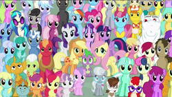 Size: 1920x1080 | Tagged: safe, screencap, aloe, amethyst star, apple bloom, applejack, berry punch, berryshine, big macintosh, bon bon, bulk biceps, carrot cake, carrot top, cheerilee, cloudchaser, cup cake, daisy, derpy hooves, diamond tiara, dj pon-3, doctor whooves, flitter, flower wishes, fluttershy, golden harvest, granny smith, lemon hearts, lily, lily valley, linky, lotus blossom, lyra heartstrings, mayor mare, minuette, octavia melody, pinkie pie, pipsqueak, pokey pierce, pound cake, pumpkin cake, rainbow dash, rarity, roseluck, sassaflash, scootaloo, sea swirl, seafoam, shoeshine, silver spoon, snails, snips, sparkler, spike, spring melody, sprinkle medley, starlight glimmer, sunshower raindrops, sweetie belle, sweetie drops, thunderlane, twilight sparkle, twilight sparkle (alicorn), twinkleshine, twist, vinyl scratch, alicorn, dragon, earth pony, pegasus, pony, unicorn, the cutie re-mark, background six, bowtie, c:, cake family, colt, cowboy hat, cutie mark crusaders, derp, everypony, everypony at s5's finale, female, filly, flower trio, friends are always there for you, glasses, grin, group photo, happy ending, hat, implied doctorrose, looking at you, male, mane seven, mane six, mare, ponies standing next to each other, s5 starlight, smiling, spa twins, stallion, sunglasses, wall of tags