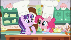 Size: 1920x1080 | Tagged: safe, screencap, pinkie pie, starlight glimmer, earth pony, pony, unicorn, the cutie re-mark, chef's hat, cupcake, cute, diapinkes, eating, female, food, glimmerbetes, hat, mare, raised hoof, s5 starlight, smiling