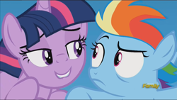 Size: 1920x1080 | Tagged: safe, screencap, rainbow dash, twilight sparkle, twilight sparkle (alicorn), alicorn, pegasus, pony, the cutie re-mark, discovery family logo, eye contact, female, filly rainbow dash, flying, frown, grin, i need an adult, lidded eyes, lip bite, mare, out of context, raised eyebrow, smiling, stranger danger, this will end in timeline distortion, twilest dashle, twilight is a foal fiddler, wide eyes, younger